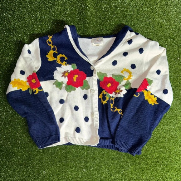 Susan Bristol Sweaters - Vintage‎ 1992 Susan Bristol Petites Floral Polka Dot Sailor Collar Cardigan L